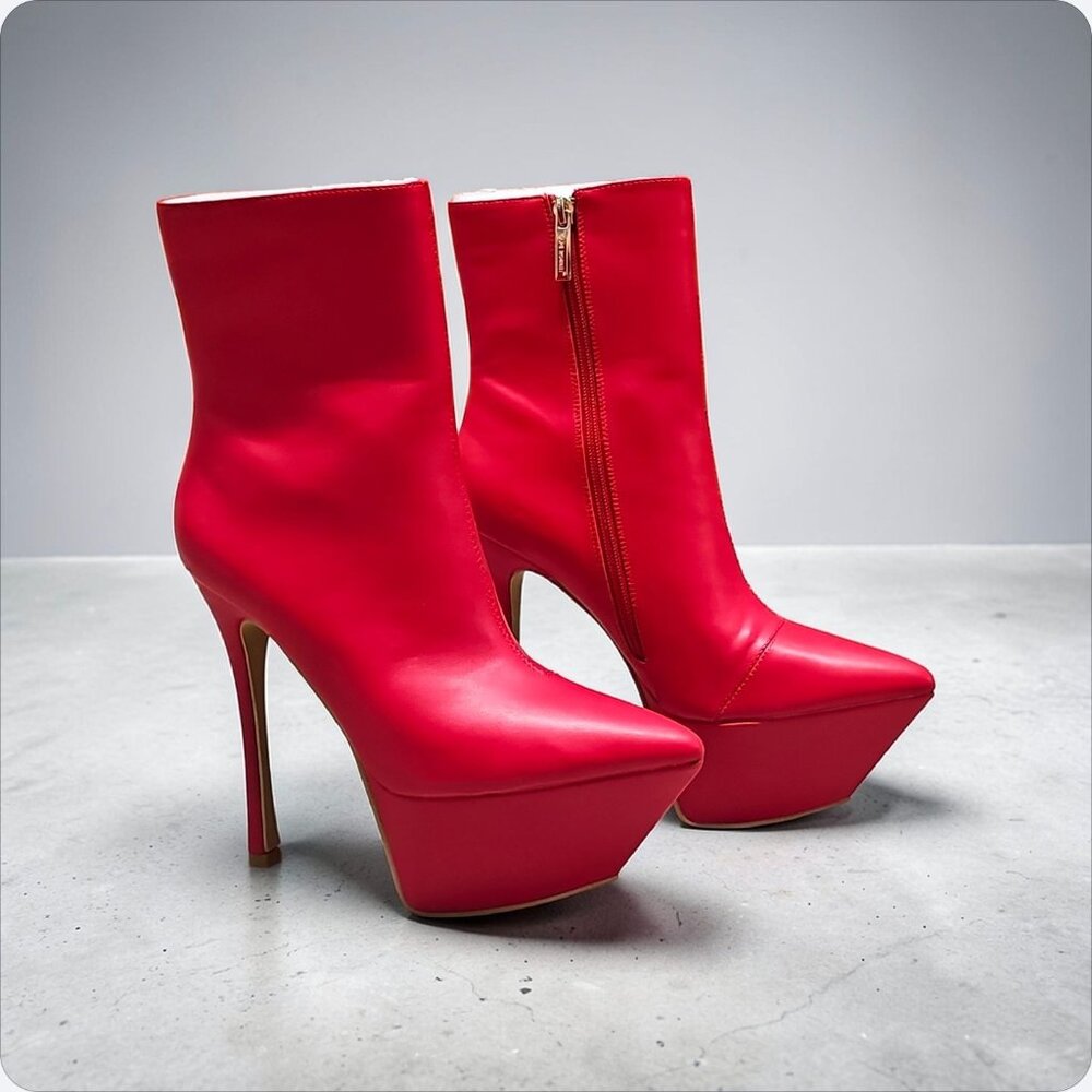 Red Platform Stiletto Heel Ankle Boots With Side Zipper Closure & Pointed Toe De